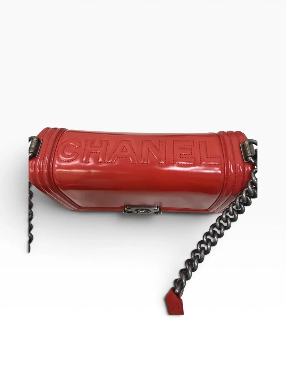 Authentic Chanel Medium Boy Red Glazed Calfskin Flap Bag